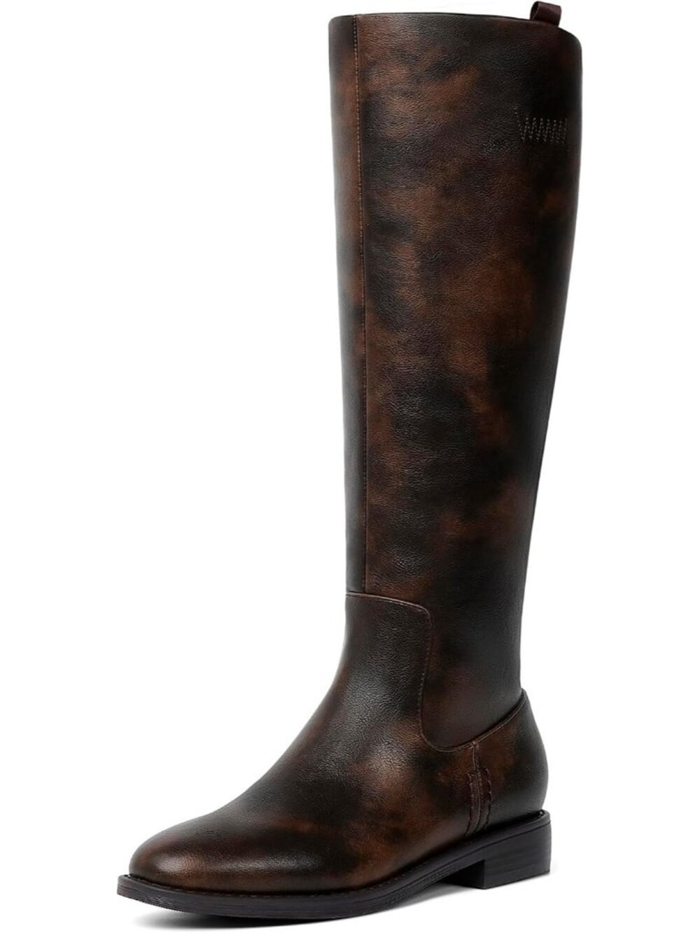 Women's Chocolate Faux Leather Round Toe Flat Retro Opening Low Chunky Heel Boot